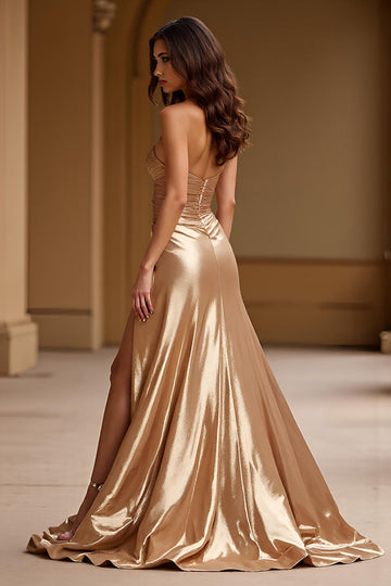 Guld Stropløs A Line Metallic Satin Gallakjole